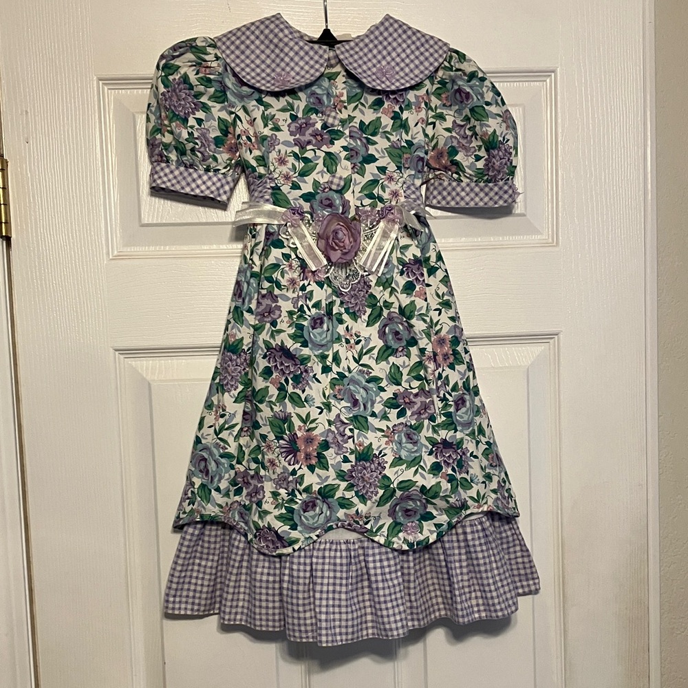 Vintage 80’s Bonnie Jean floral print and gingham collared Spring Easter dress 6